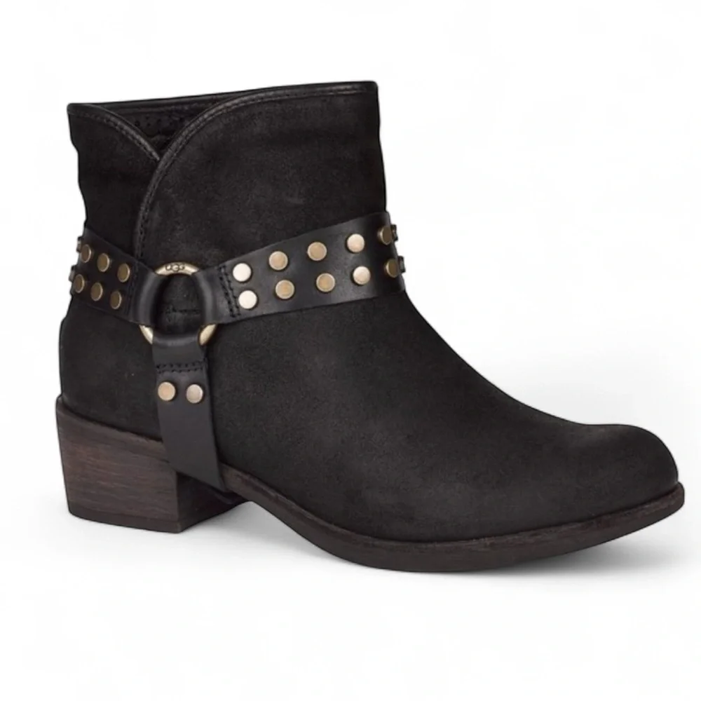 UGG Vintage Darling Black Suede Leather Harness Ankle Boots Sz 7